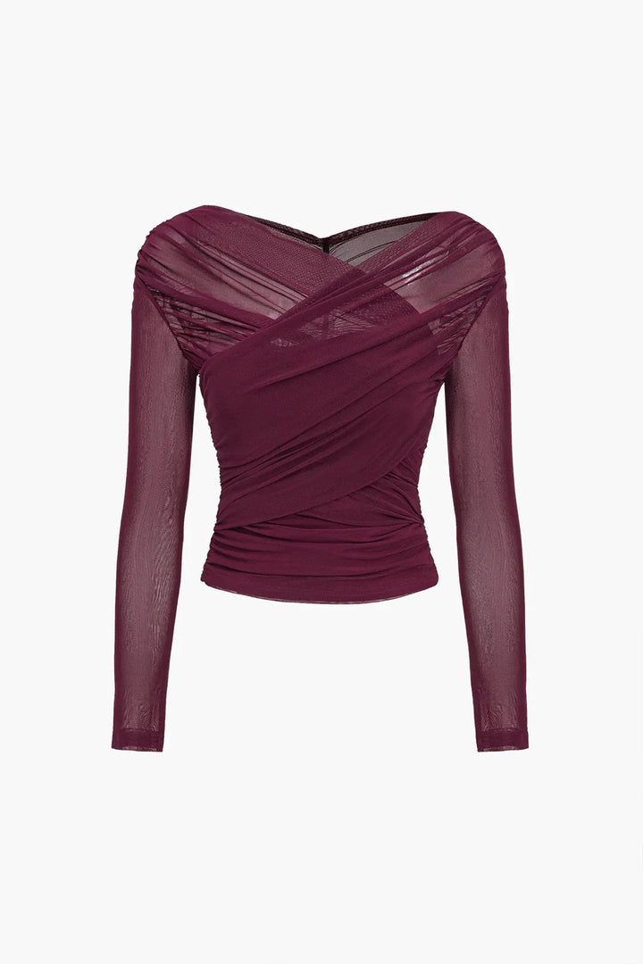 Women's Sheer Blouse with Long Sleeves and Pleated Detail
