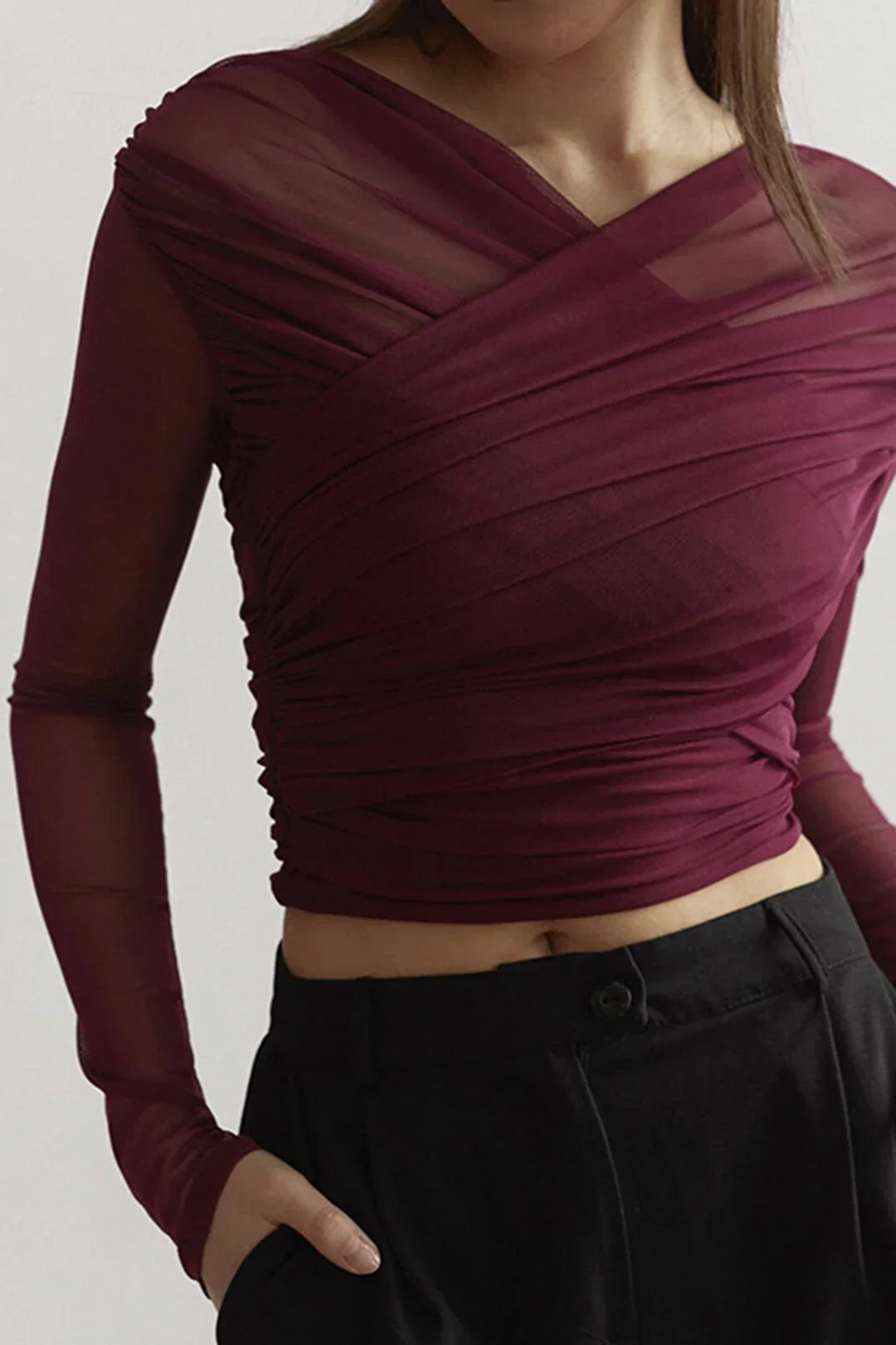 Women's Sheer Blouse with Long Sleeves and Pleated Detail