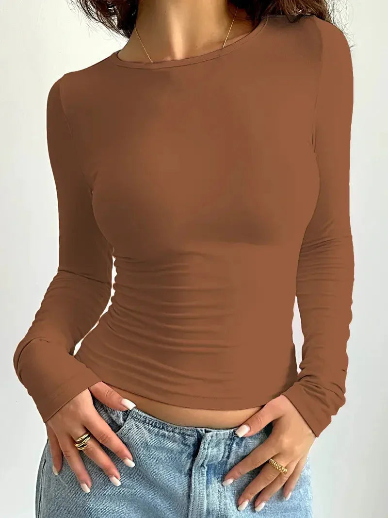 Women's Fitted Long Sleeve Top with Round Neck