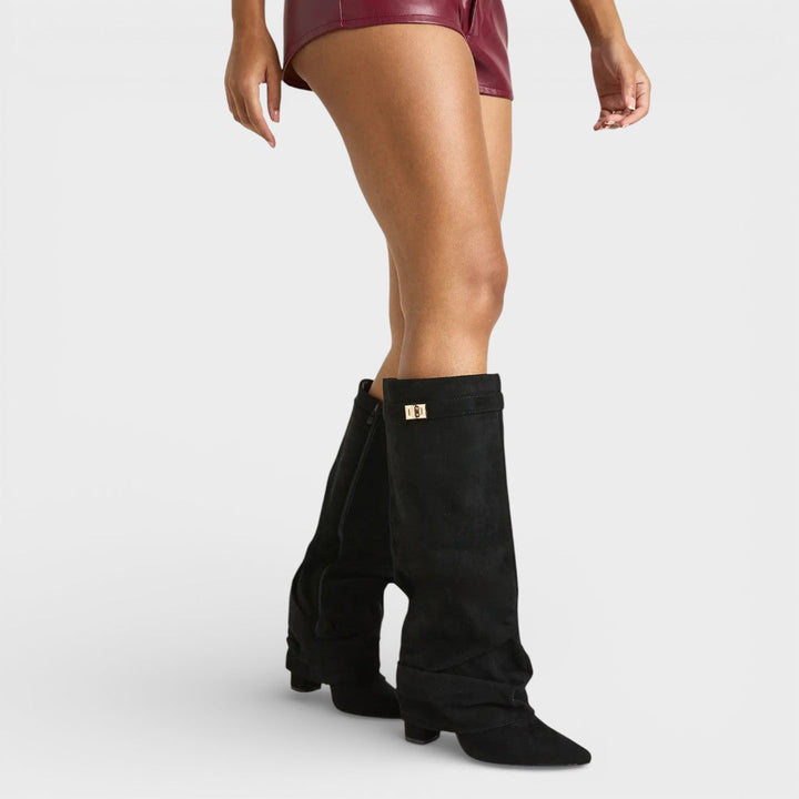 Women's Knee High Boots with Ruched Design and Block Heel