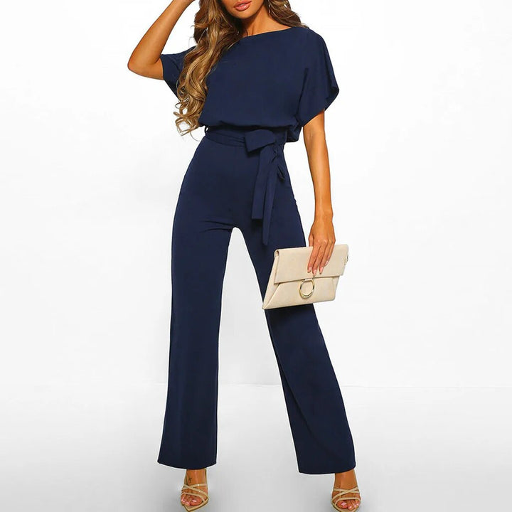 Women's Short Sleeve Jumpsuit with Belted Waist and Wide Leg Design