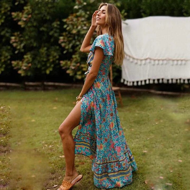 Women's Boho Maxi Dress with Wrap Design and Side Slit