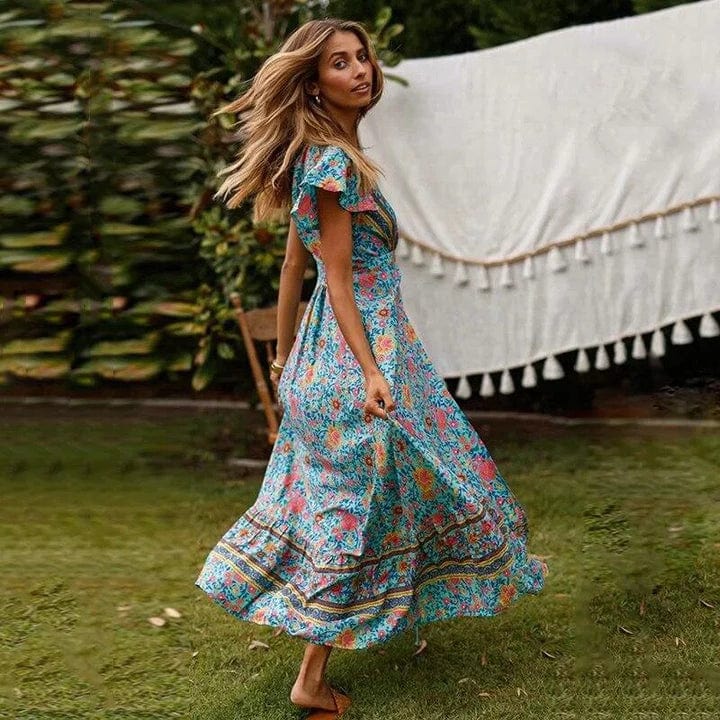 Women's Boho Maxi Dress with Wrap Design and Side Slit