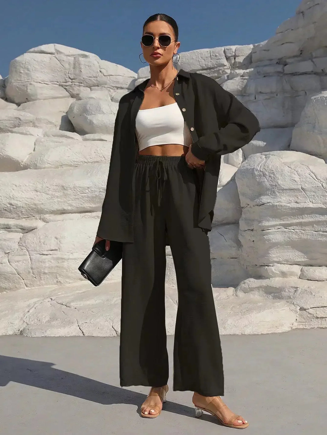 Women's Linen Co Ord Set with Long Sleeve Shirt and Wide Leg Trousers