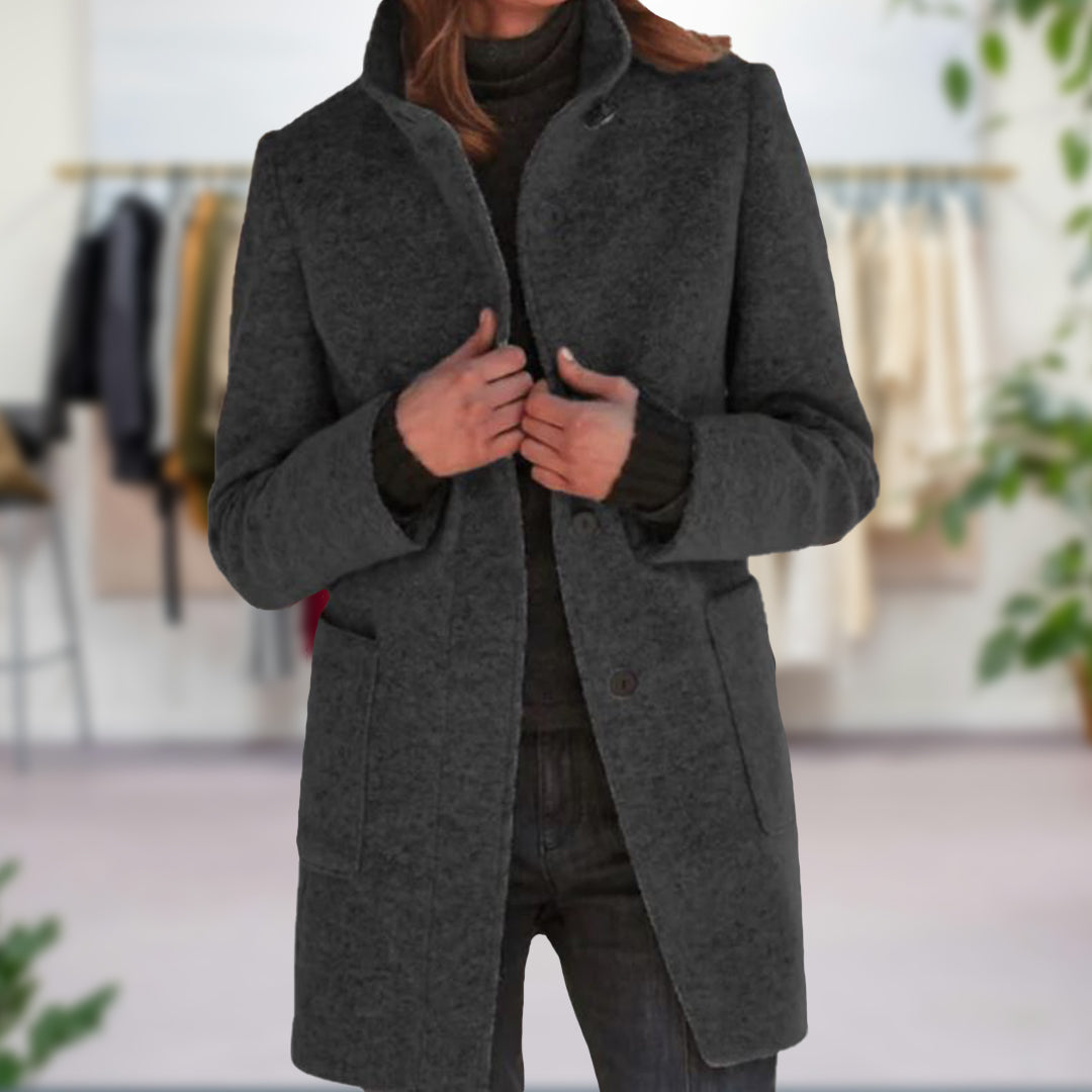 Women's Funnel Neck Longline Coat with Button Front and Tailored Fit