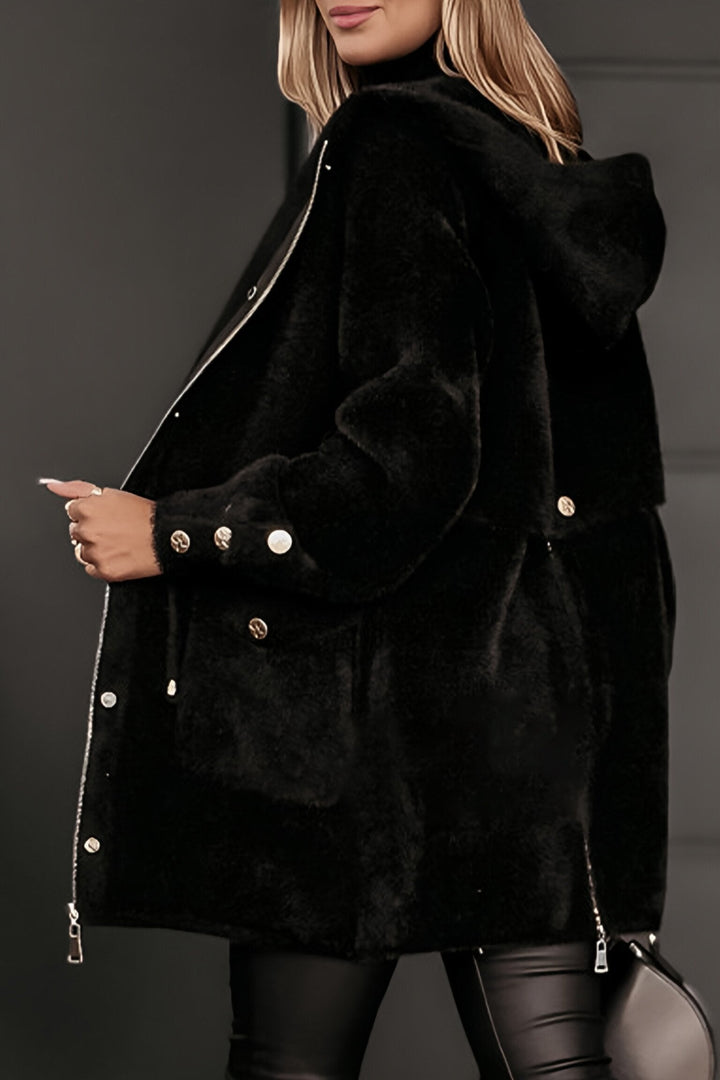 Women's Hooded Coat with Faux Fur Trim and Button Detail