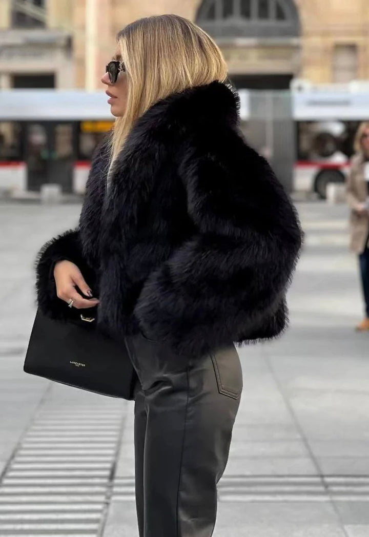 Women's Faux Fur Jacket with Oversized Collar and Relaxed Fit