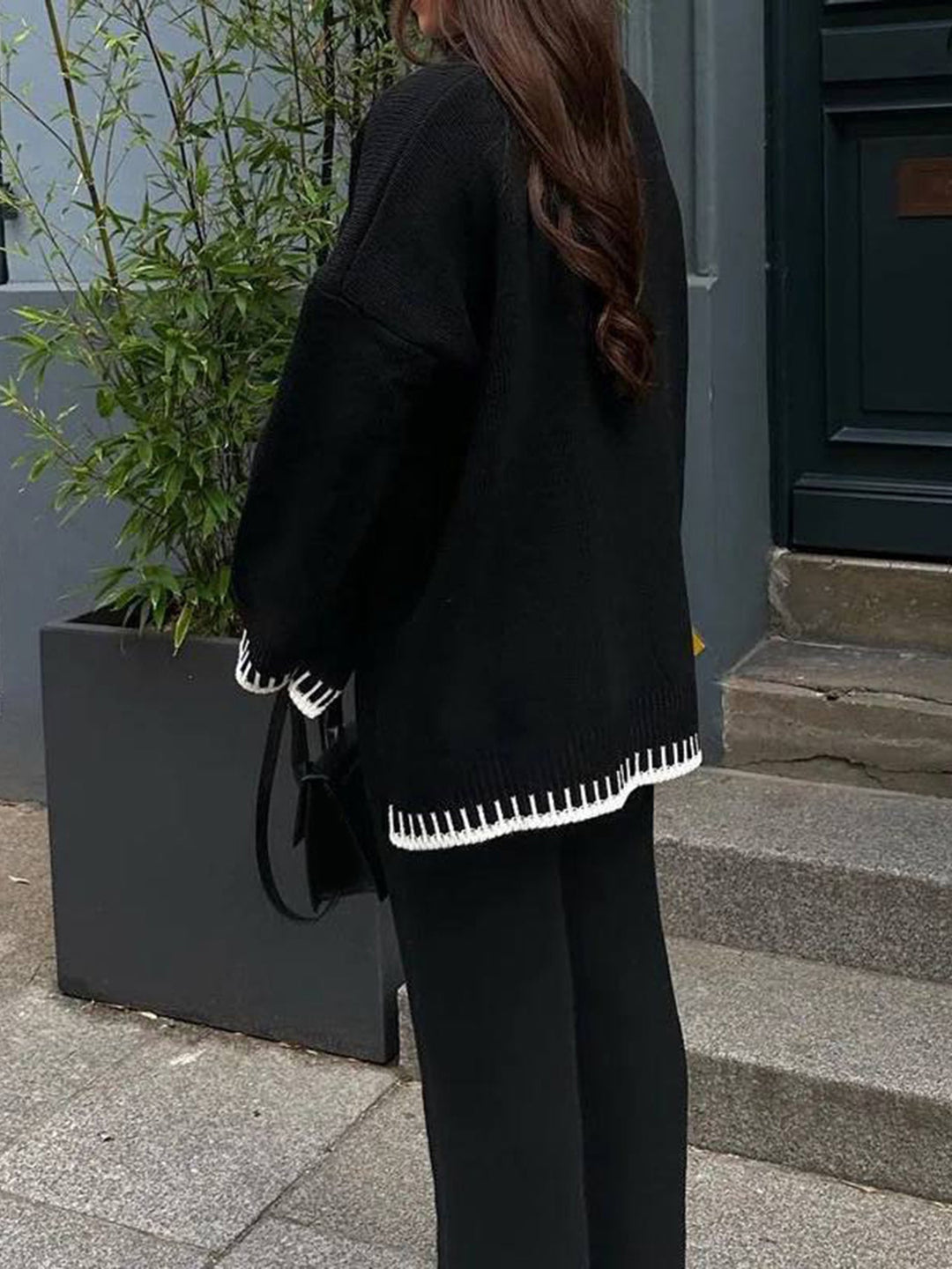 Women's Knit Co Ord Set with Contrast Trim Jumper and Wide Leg Trousers