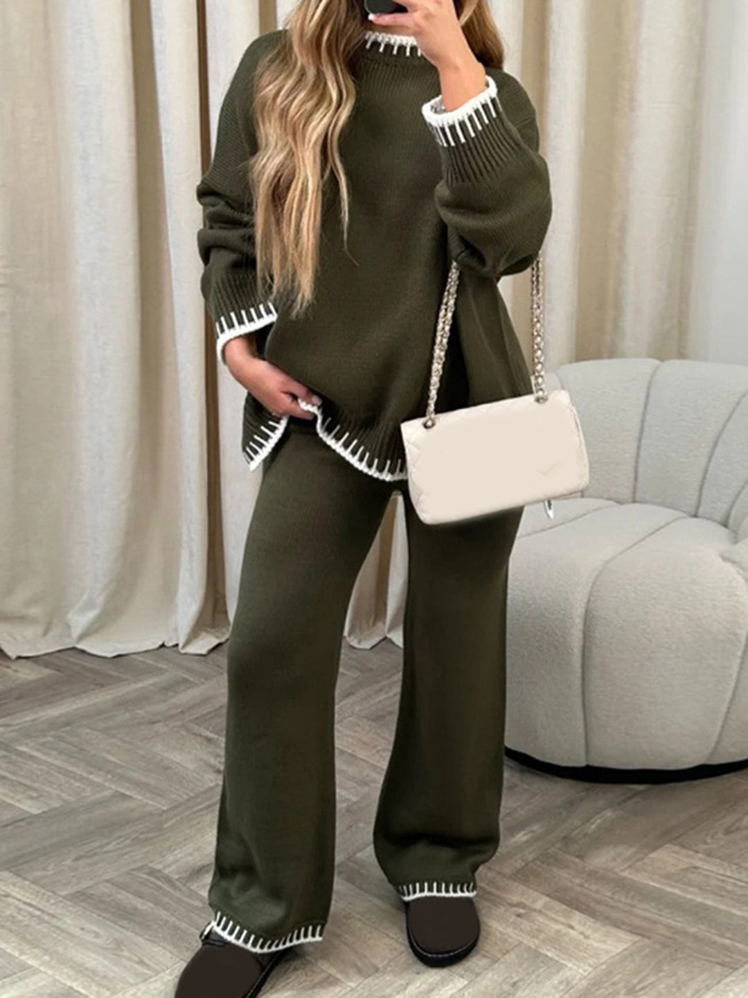 Women's Knit Co Ord Set with Contrast Trim Jumper and Wide Leg Trousers