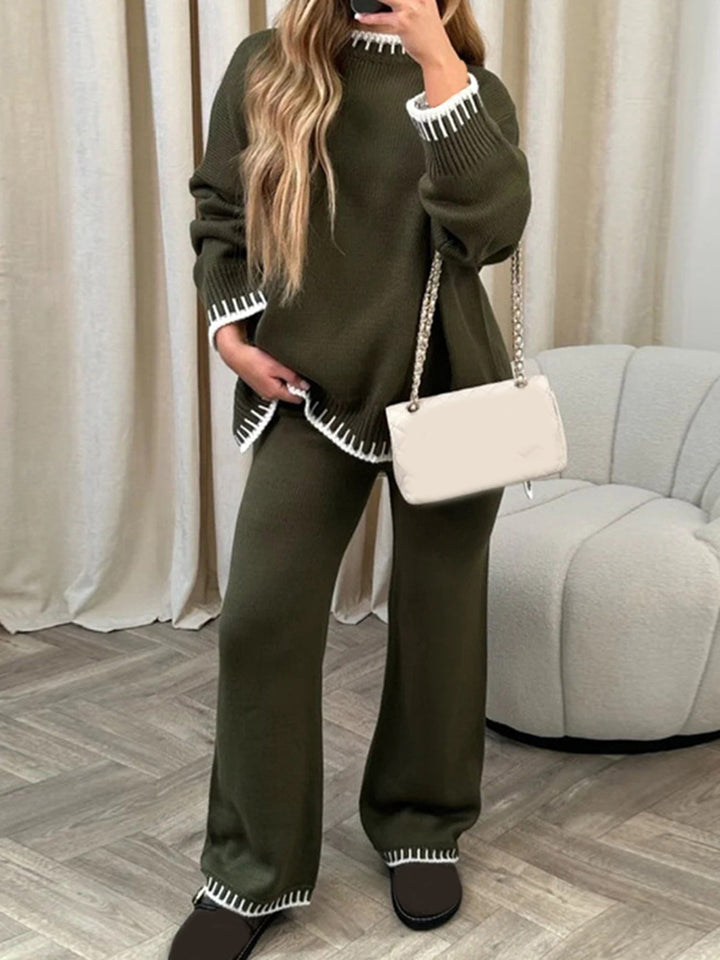 Women's Knit Co Ord Set with Contrast Trim Jumper and Wide Leg Trousers