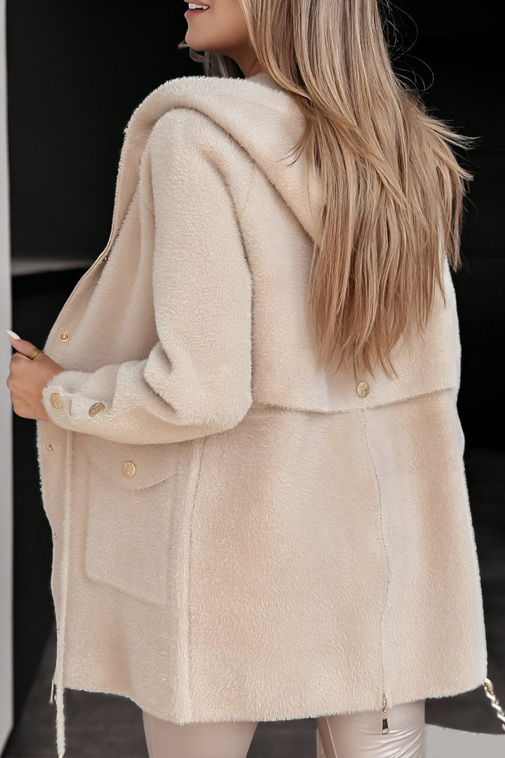 Women's Hooded Coat with Faux Fur Trim and Button Detail