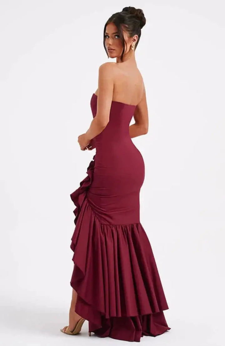 Women's Strapless Maxi Dress with Ruched Detail and Ruffle Hem