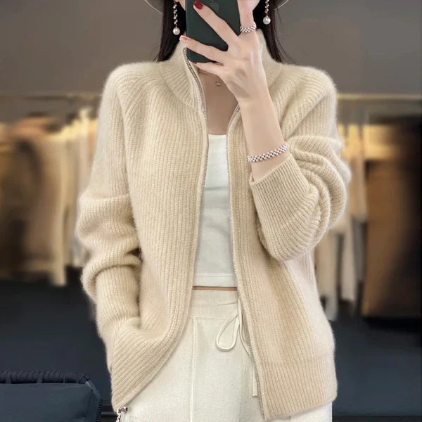 Women's Knitted Jumper with High Neck and Ribbed Texture