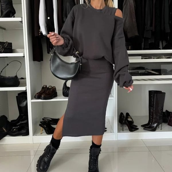 Women's Knit Co Ord Set with Cold Shoulder Jumper and Midi Skirt