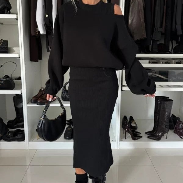 Women's Knit Co Ord Set with Cold Shoulder Jumper and Midi Skirt
