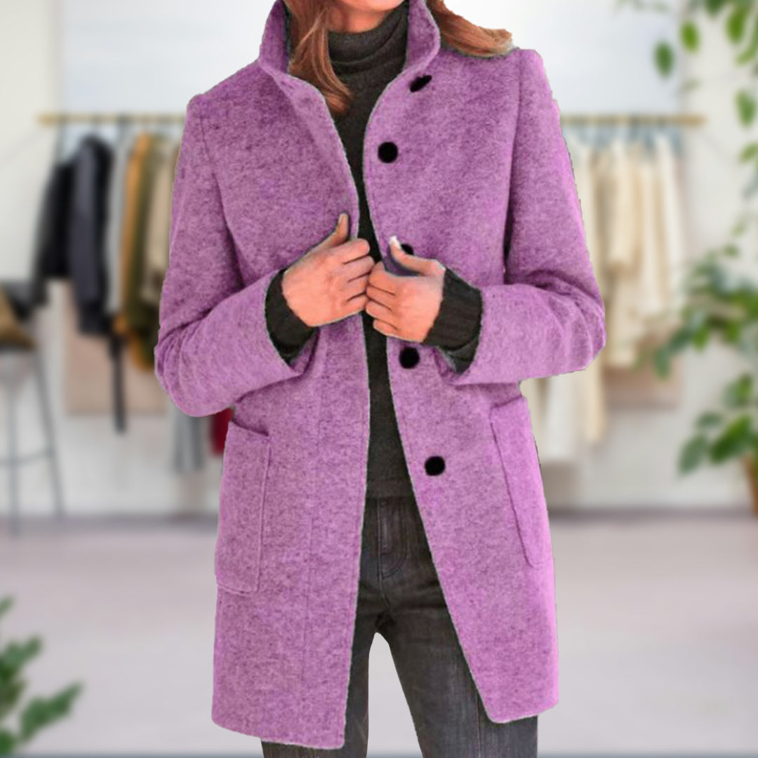 Women's Funnel Neck Longline Coat with Button Front and Tailored Fit