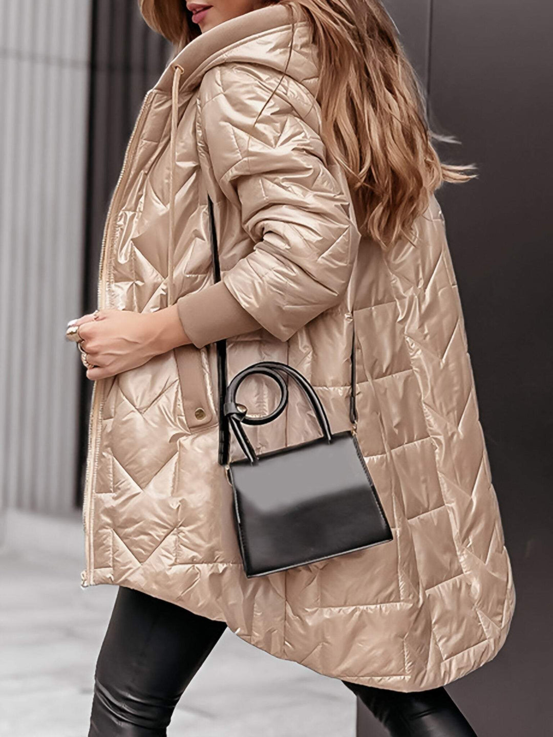Women's Longline Puffer Jacket with Hood and Quilted Design