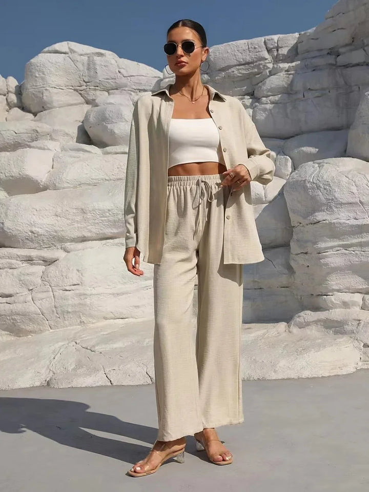Women's Linen Co Ord Set with Long Sleeve Shirt and Wide Leg Trousers
