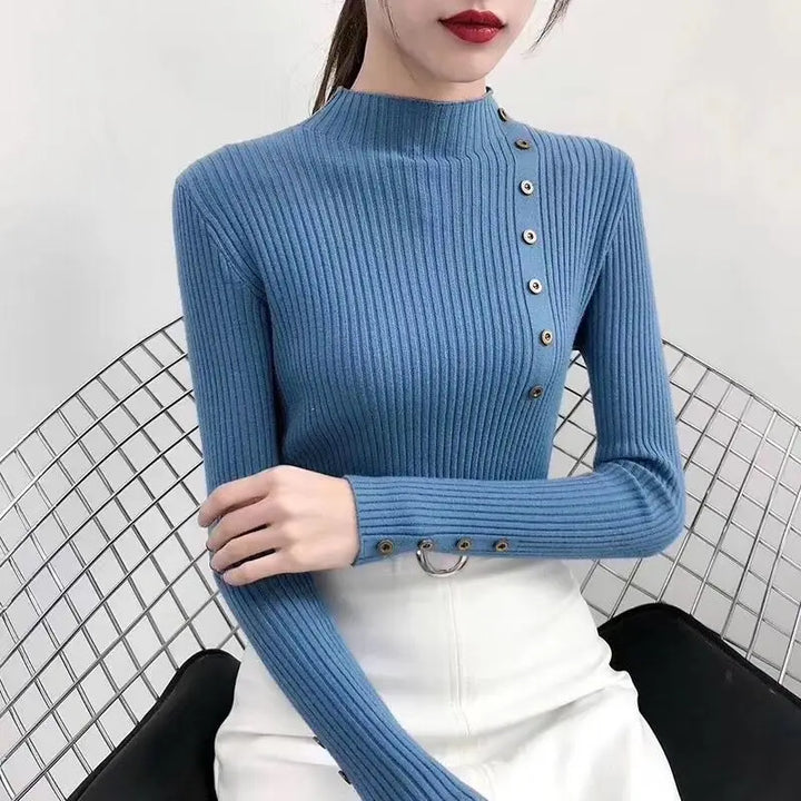 Women's Knitted Jumper with High Neck and Button Detail