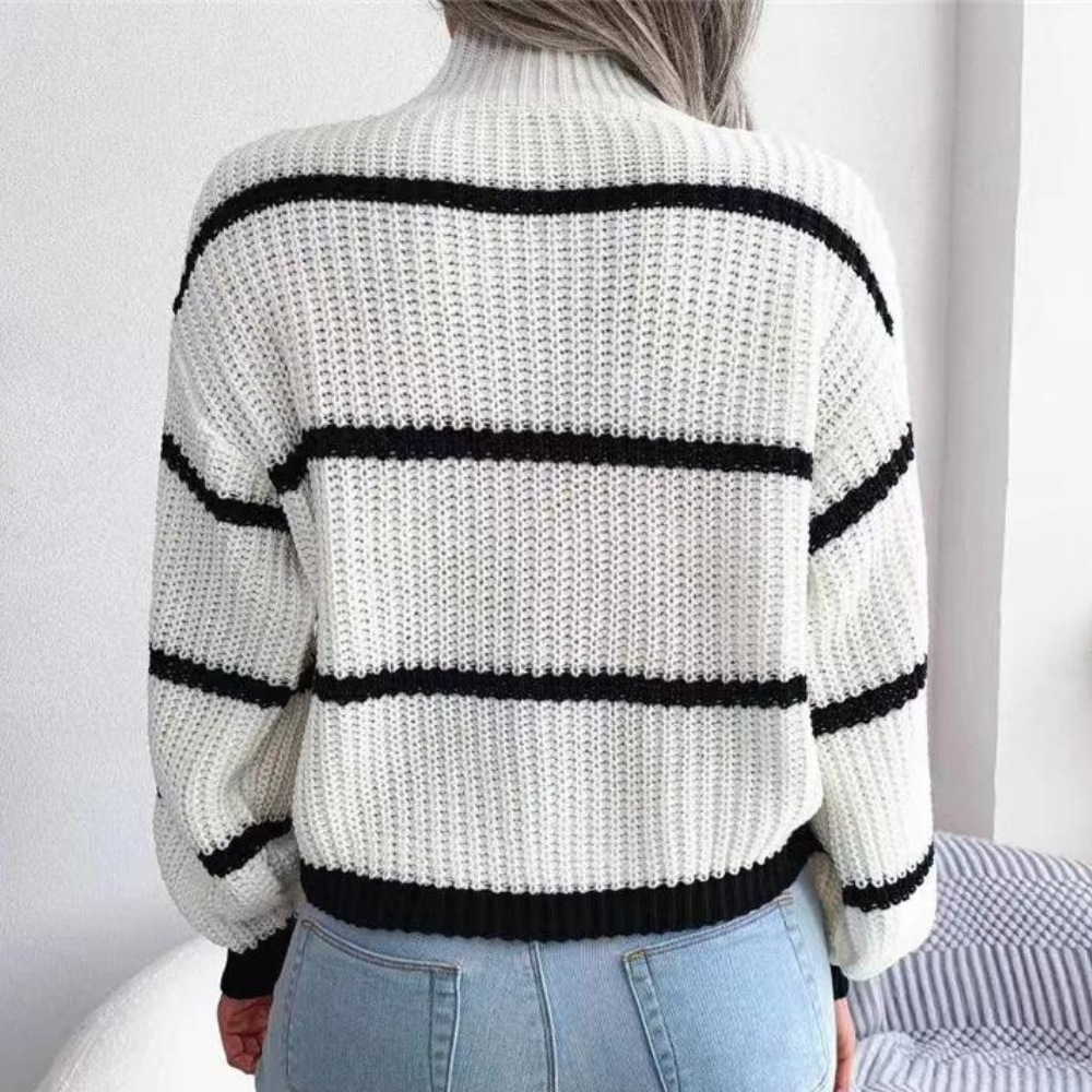 Women's Striped Turtleneck Jumper with Relaxed Fit and Ribbed Knit