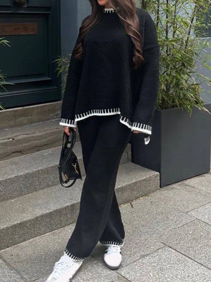 Women's Knit Co Ord Set with Contrast Trim Jumper and Wide Leg Trousers