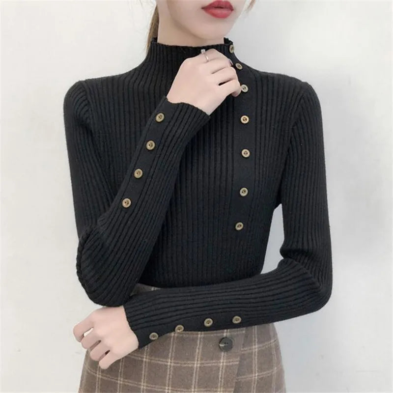 Women's Knitted Jumper with High Neck and Button Detail