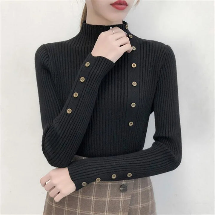 Women's Knitted Jumper with High Neck and Button Detail