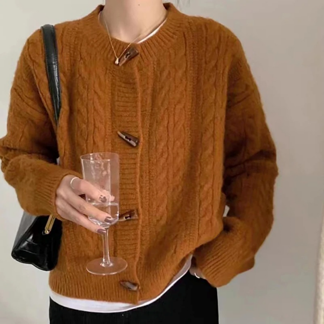 Women's Cable Knit Cardigan with Crew Neck and Button Front