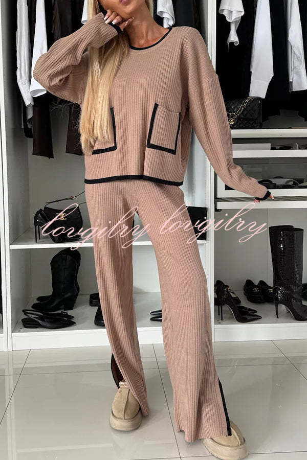 Women's Knitted Co-Ord Set with Button Front Cardigan and Wide Leg Trousers