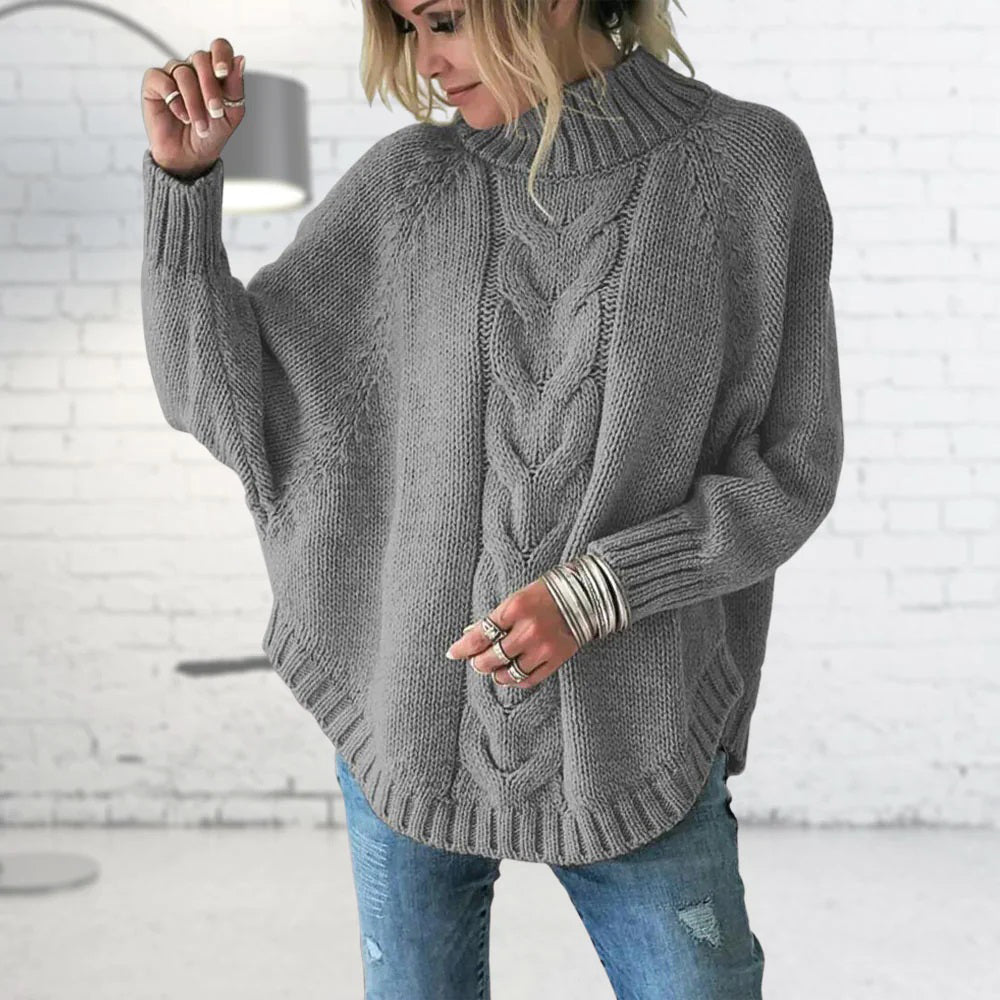 Women's Cable Knit Jumper with Round Neck and Oversized Fit