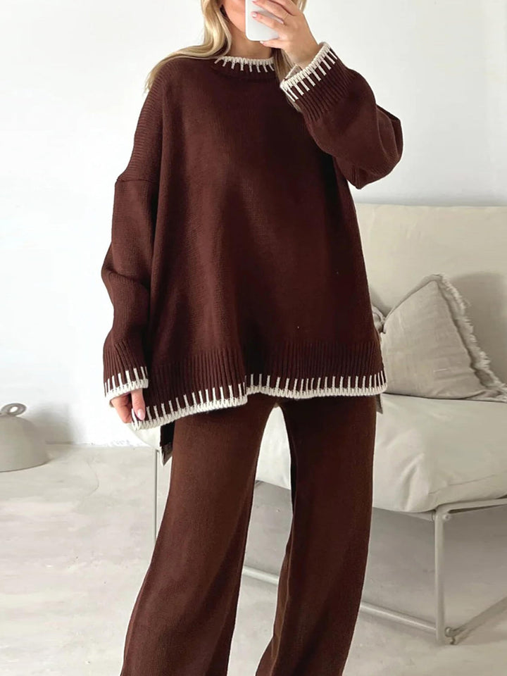 Women's Knit Co Ord Set with Contrast Trim Jumper and Wide Leg Trousers