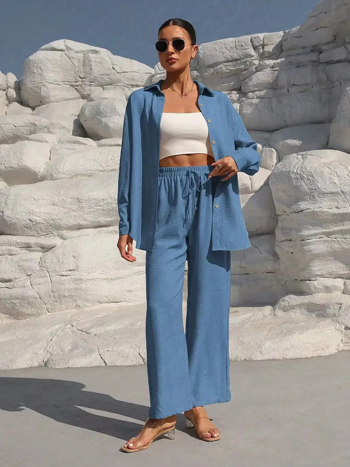 Women's Linen Co Ord Set with Long Sleeve Shirt and Wide Leg Trousers