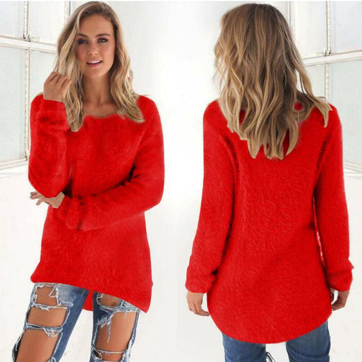 Women's Longline Knitted Jumper with Round Neck and Relaxed Fit