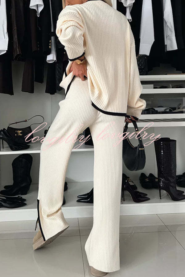 Women's Knitted Co-Ord Set with Button Front Cardigan and Wide Leg Trousers