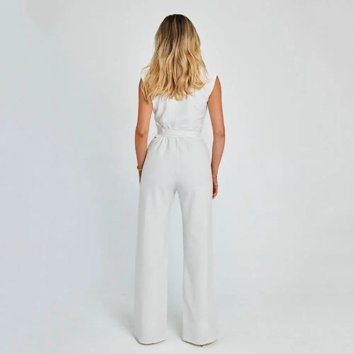 Women's Tailored Jumpsuit with Collared Neck and Wide Leg Design