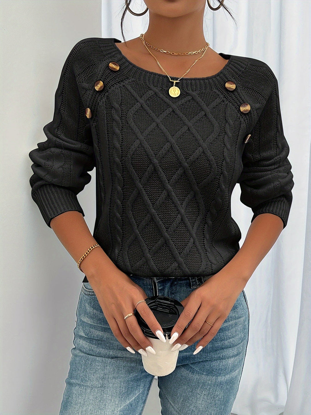 Women's Cable Knit Jumper with Button Shoulder Detail and Round Neck