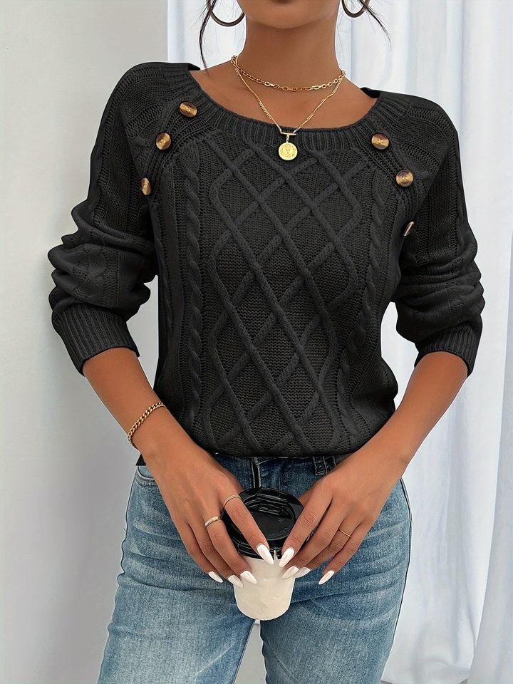 Women's Cable Knit Jumper with Button Shoulder Detail and Round Neck