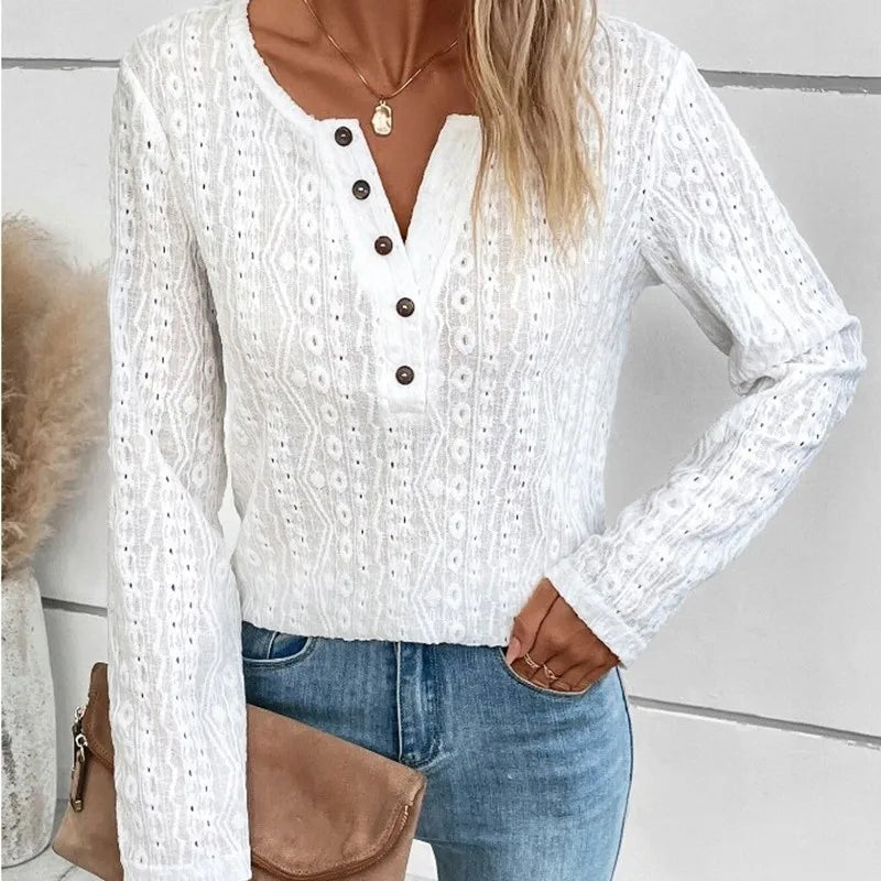 Women's Cable Knit Jumper with V Neck and Button Detail
