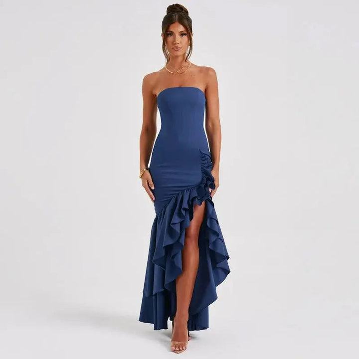 Women's Strapless Maxi Dress with Ruched Detail and Ruffle Hem