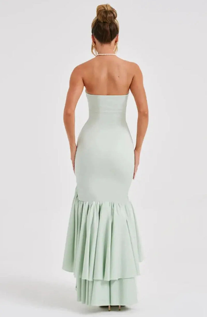 Women's Strapless Maxi Dress with Ruched Detail and Ruffle Hem