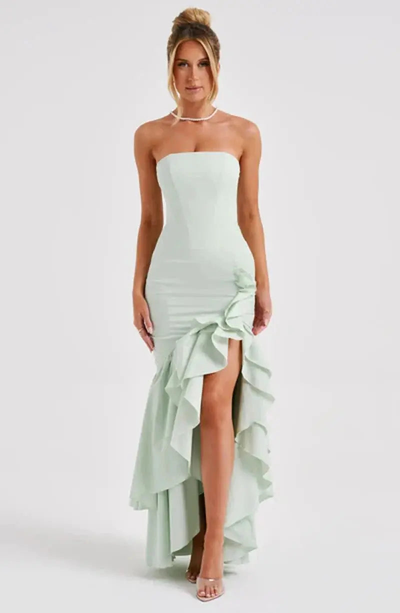 Women's Strapless Maxi Dress with Ruched Detail and Ruffle Hem