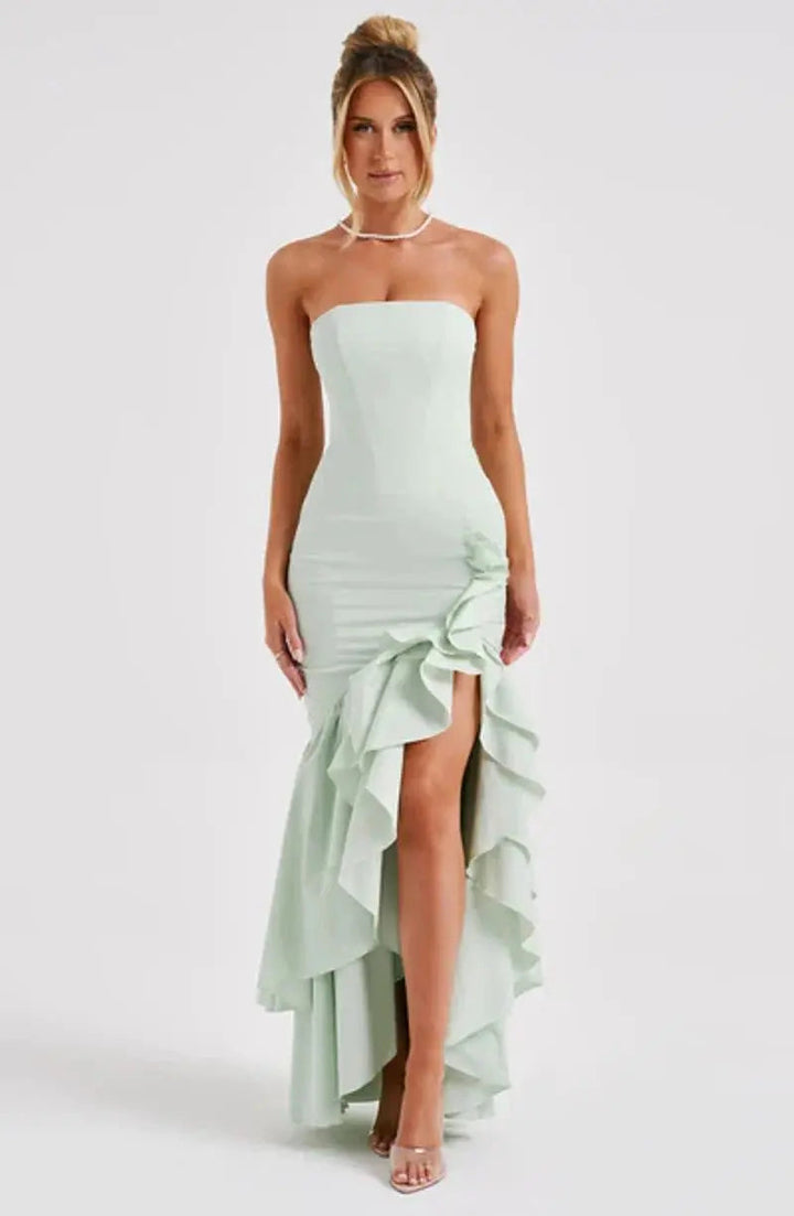 Women's Strapless Maxi Dress with Ruched Detail and Ruffle Hem