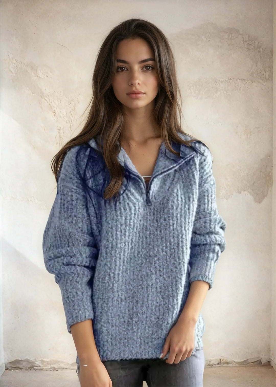 Women's Knit Jumper with V Neck and Long Sleeves