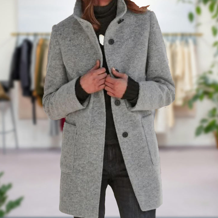 Women's Funnel Neck Longline Coat with Button Front and Tailored Fit