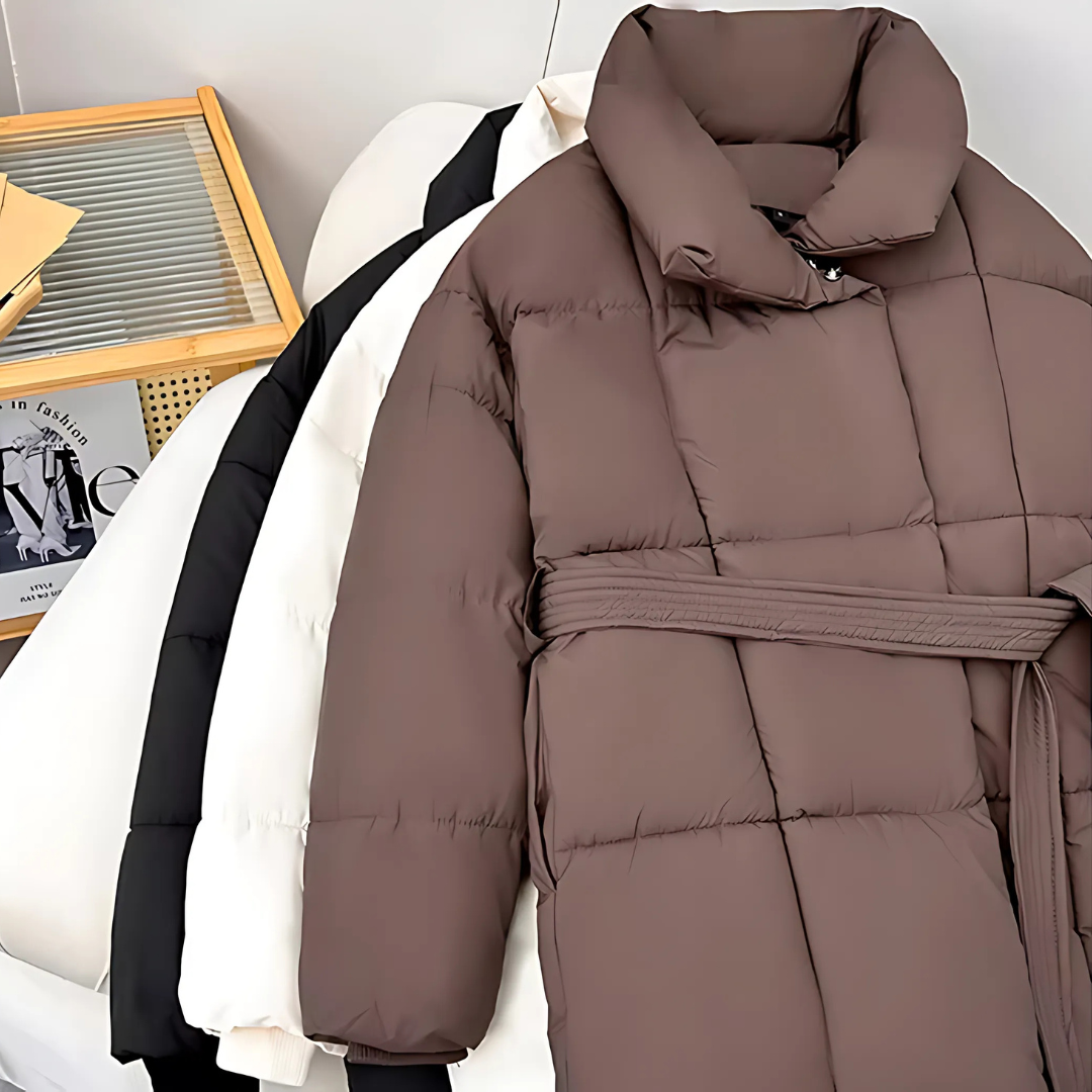 Women's Belted Puffer Jacket with High Collar and Quilted Design