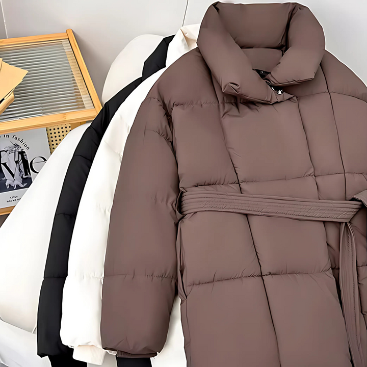 Women's Belted Puffer Jacket with High Collar and Quilted Design