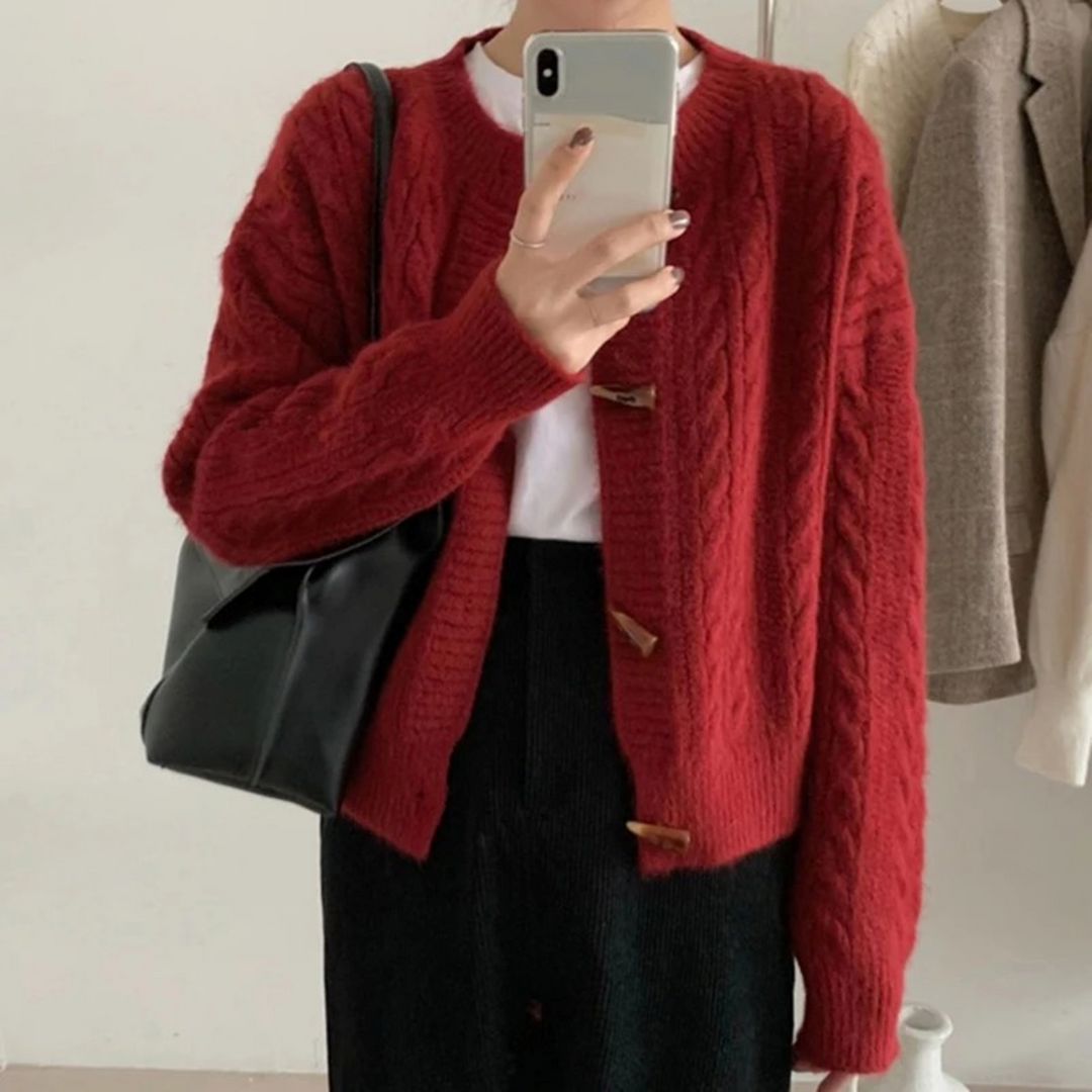 Women's Cable Knit Cardigan with Crew Neck and Button Front