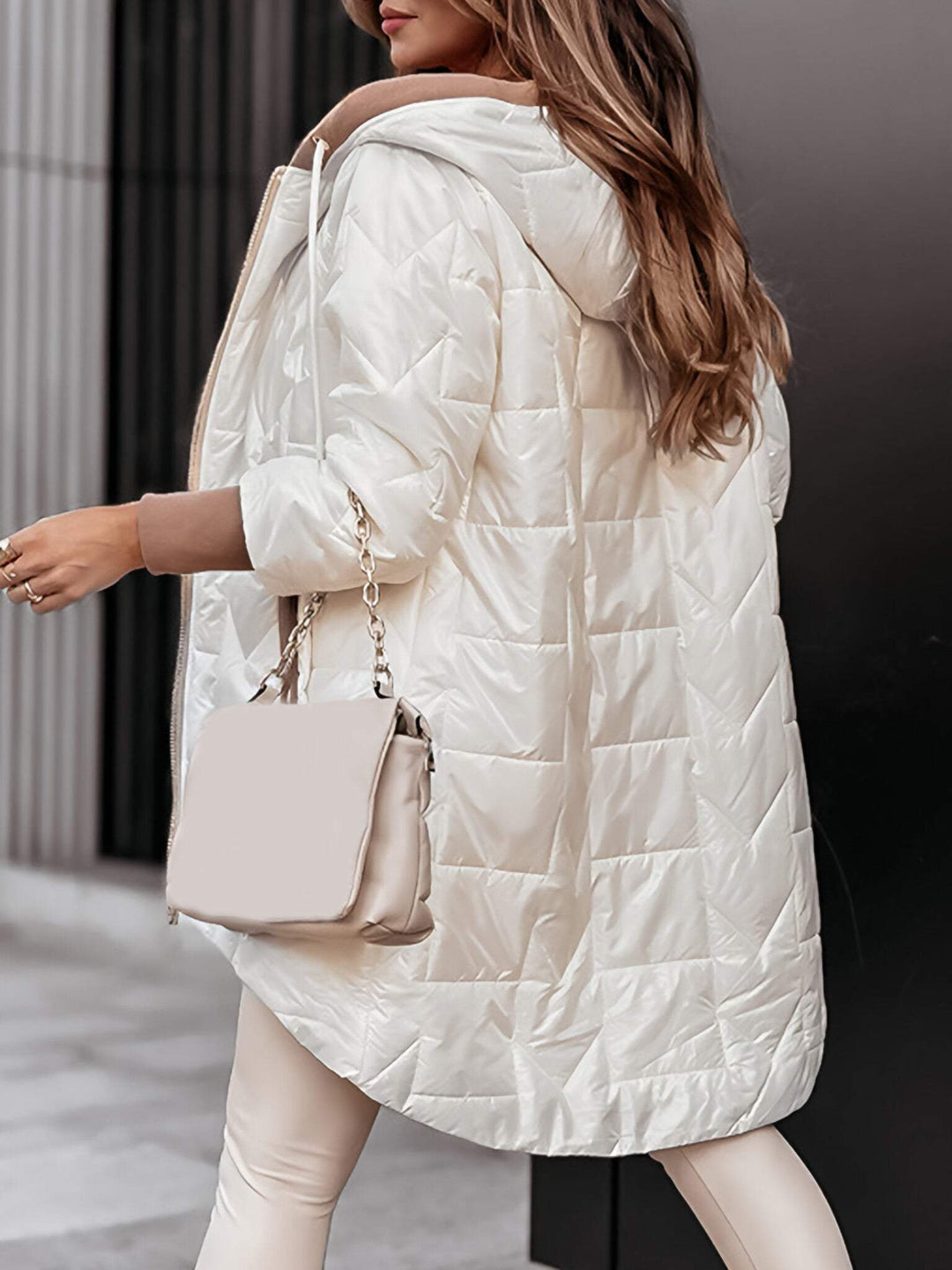 Women's Longline Puffer Jacket with Hood and Quilted Design
