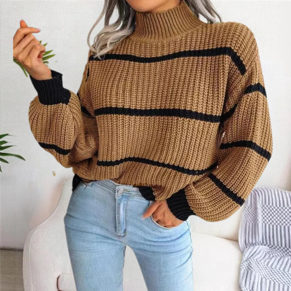 Women's Striped Turtleneck Jumper with Relaxed Fit and Ribbed Knit
