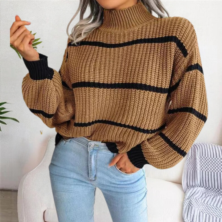 Women's Striped Turtleneck Jumper with Relaxed Fit and Ribbed Knit